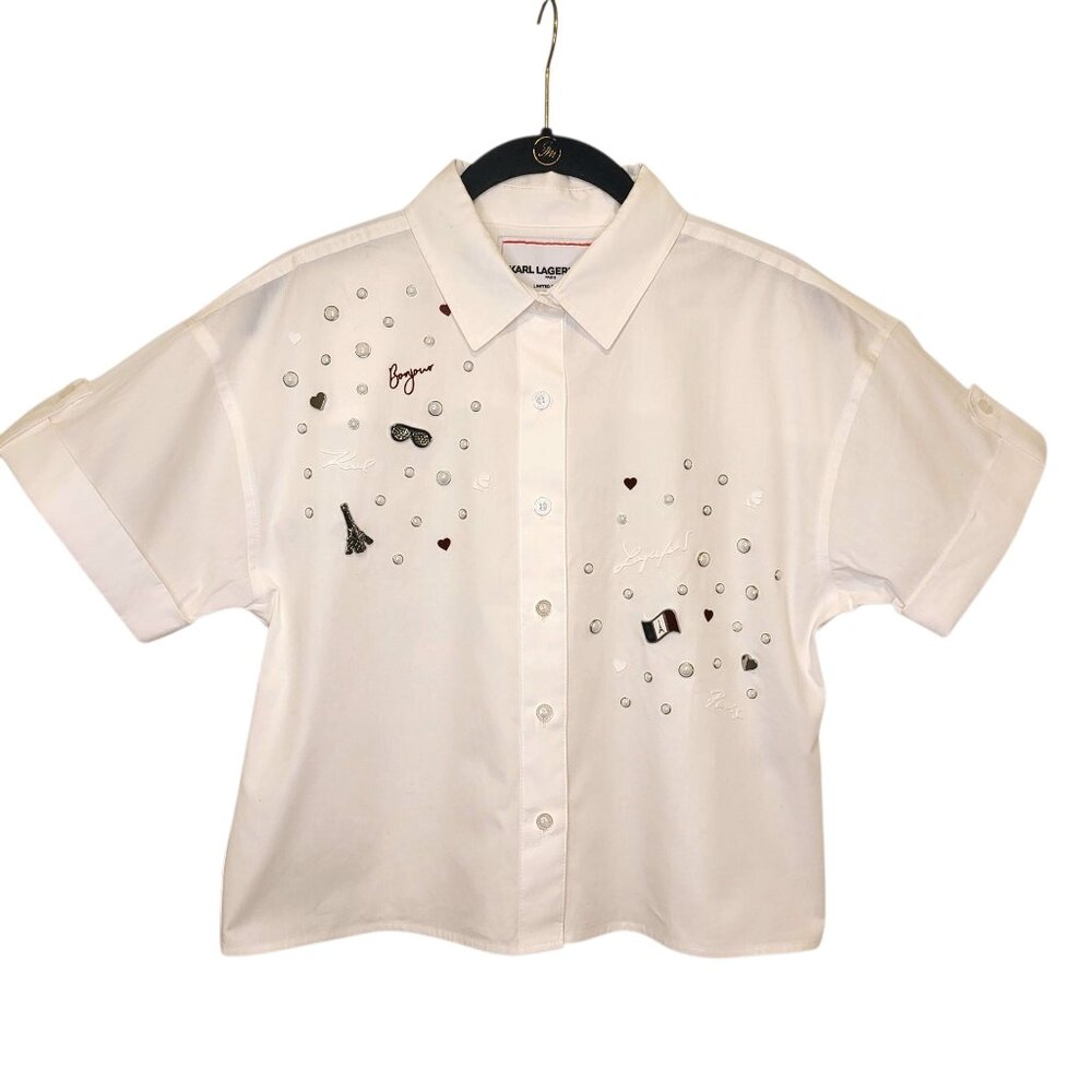 Women's Karl Lagerfeld Paris White Embroidered Cropped Button-Down Shirt Size XS